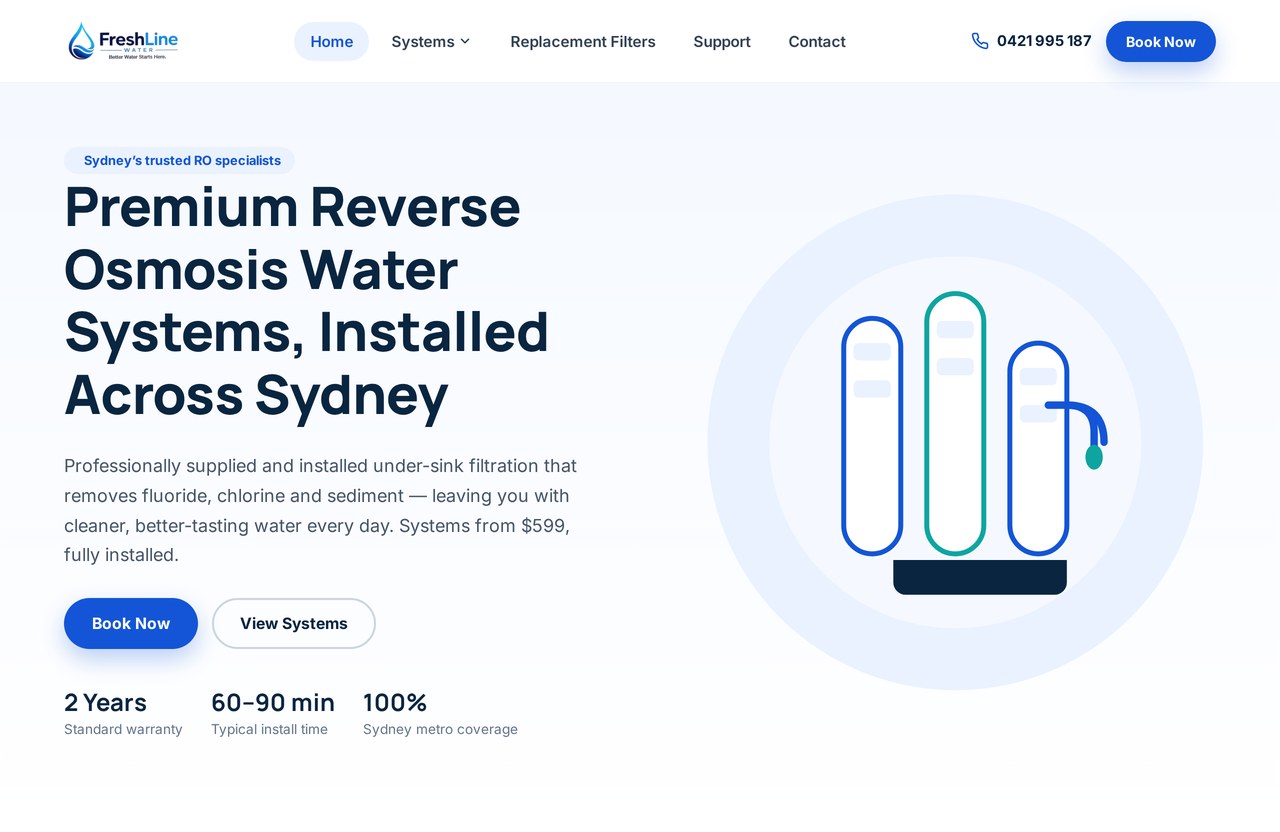 Desktop preview of the Freshline Water Website website built by Feroq Digital